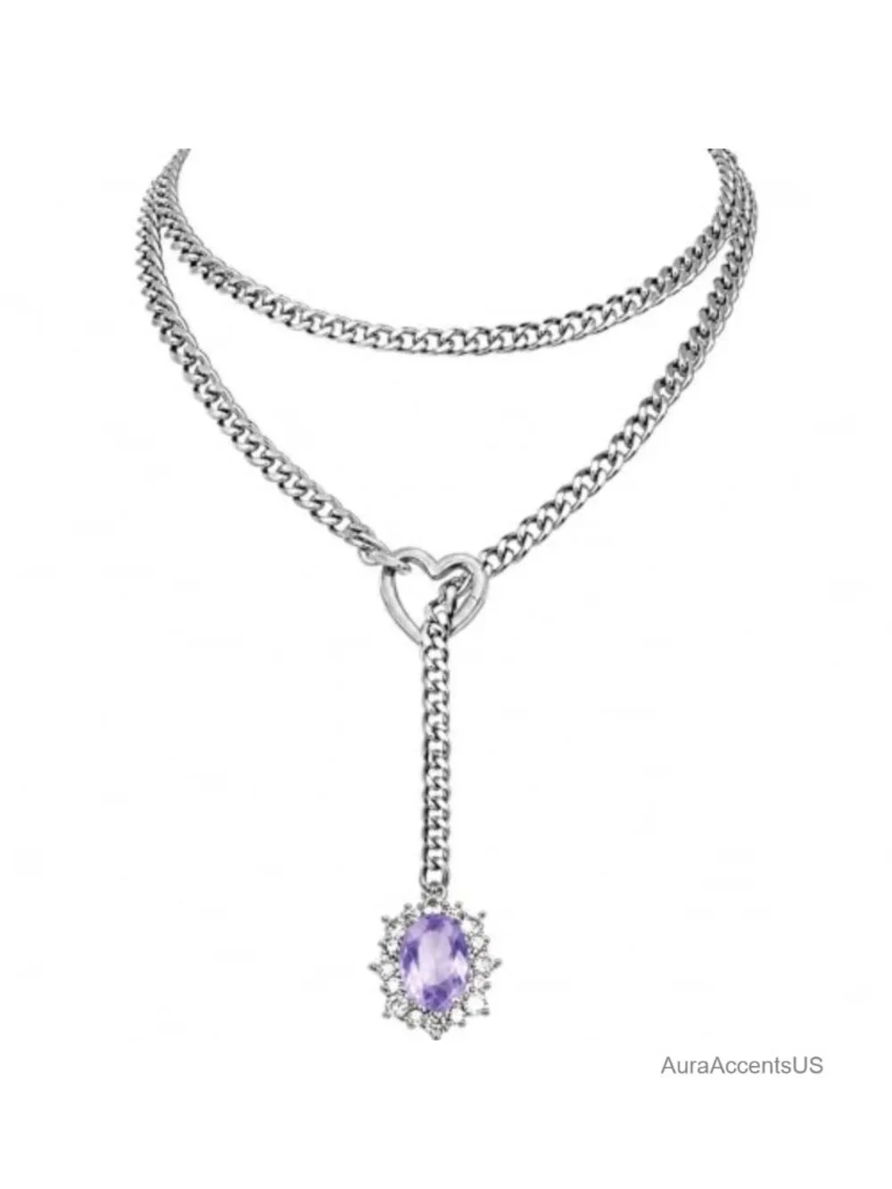 Women's Layered Y Chain Necklace with Heart & Crystal Pendant, Long Layering